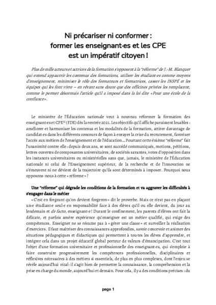 TRIBUNE – Ni précariser ni conformer : former les enseignant·es et les CPE est un impératif citoyen !  