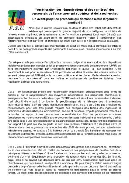 Communiqué de presse FSU du 1er septembre 2020 - Avant-projet de protocole revalorisation