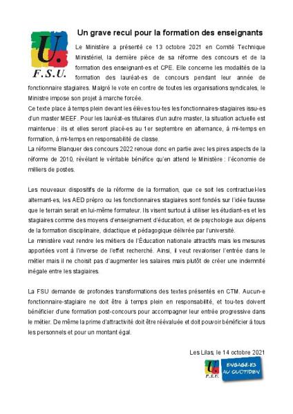 Un grave recul pour la formation des enseignants - Communiqué de presse de la FSU du 14 octobre 2021