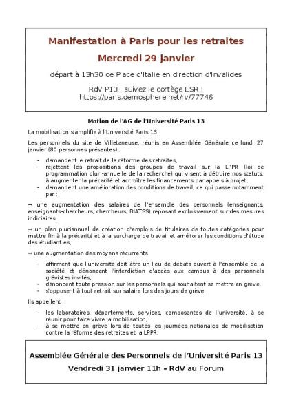 Université Sorbonne Paris Nord (Ex 13) : Motion de l'assemblée générale des personnels réunie le 27 janvier 2020