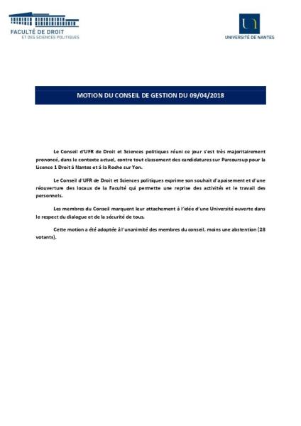 Université de Nantes : Motion adoptée par le conseil de gestion de la faculté de droit et des sciences politiques, 9 avril 2018