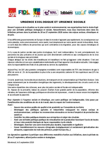 Urgence écologique et urgence sociale :  initiatives prévues dans la période du 20 au 27 septembre 2019
