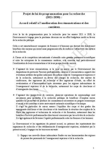 Projet de loi de programmation pour la recherche (2021-2030) : Accord relatif à l'amélioration des rémunérations et des carrières