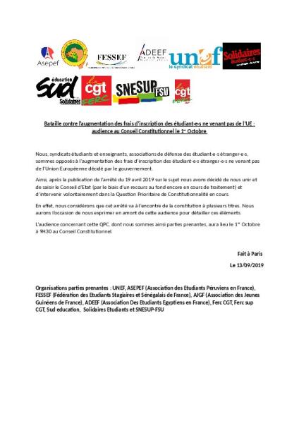  Bataille contre l’augmentation des frais d’inscription des étudiant·e·s ne venant pas de l’UE : audience au Conseil Constitutionnel le 1er Octobre 2019 - Communiqué de presse