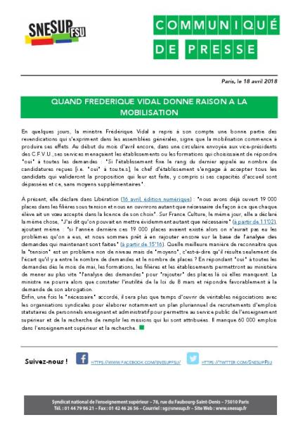 Quand Frédérique Vidal donne raison à la mobilisation - Communiqué de presse du SNESUP-FSU et SNASUB-FSU, 18 avril 2018