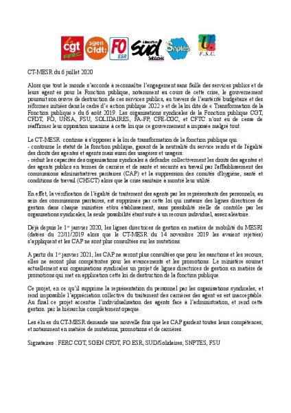 VOEU INTERSYNDICAL AU CTMESR DU 6 JUILLET 2020